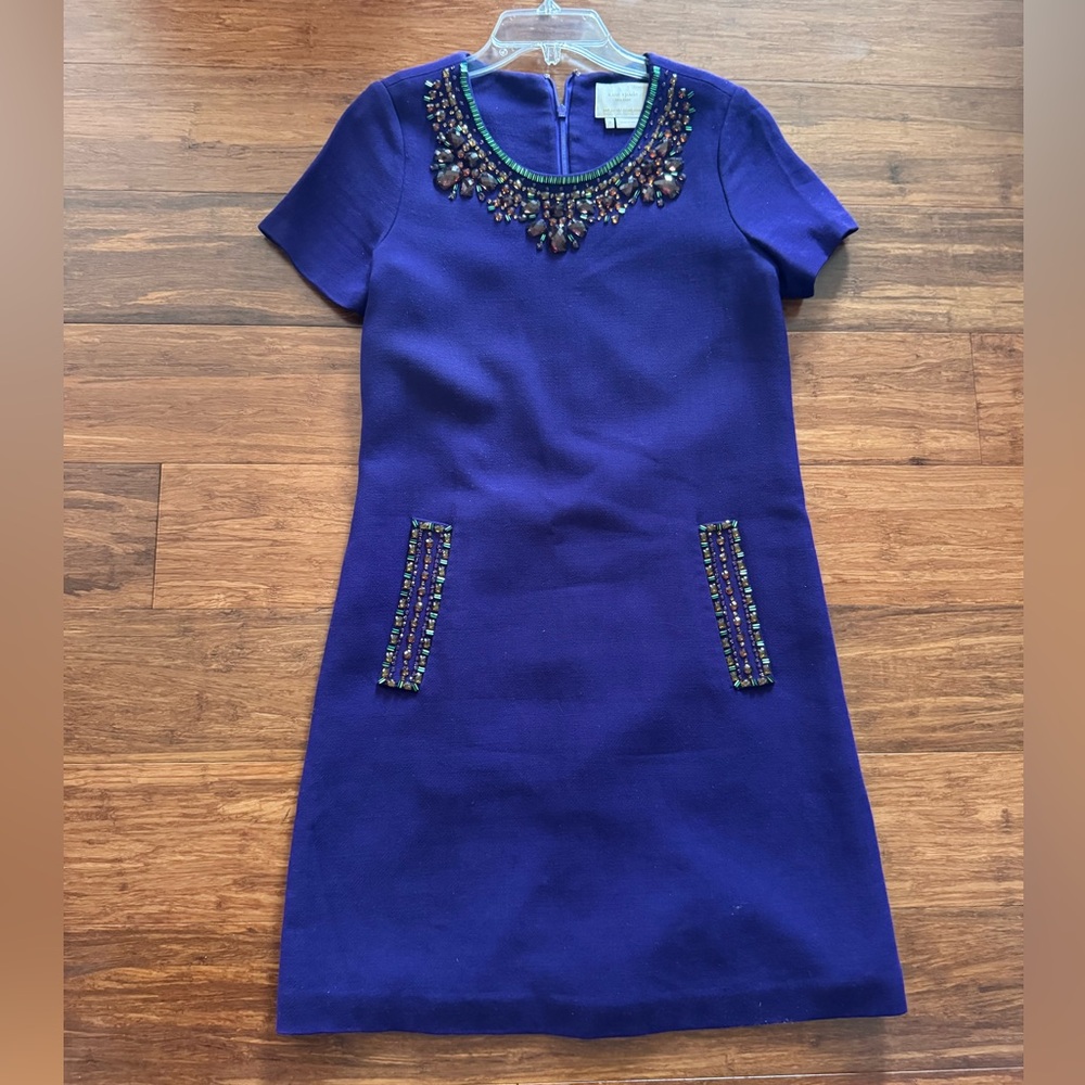 Kate Spade Jewel Beaded Royal Purple Wool Shift Short Sleeve Mini Dress Pockets